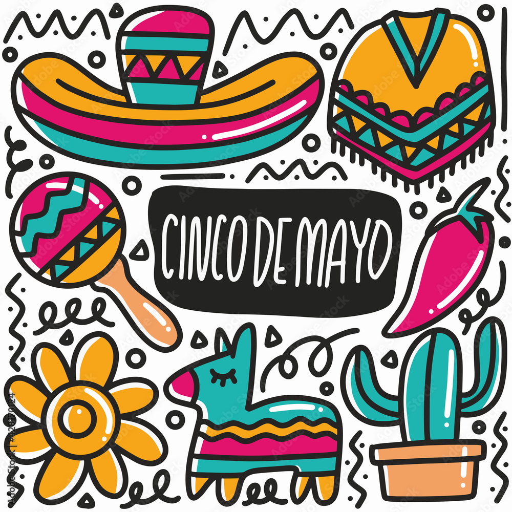 hand drawn cinco de mayo doodle set