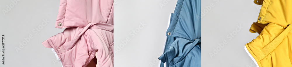 Collage of three photos - close details of the hoods from the jacket. Yellow, pink and blue. on gray background Collage of three photos - close details of the hoods from the jacket. Yellow, pink and blue. on gray background