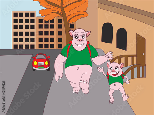 illustration of a book drawing of cute piglets going to school