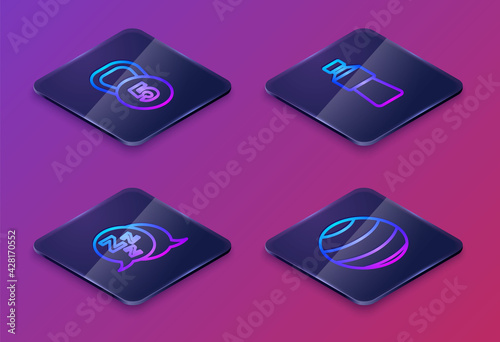 Set Isometric line Weight, Sleepy, Bottle of water and Fitness ball. Blue square button. Vector