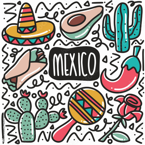 hand drawn mexico carnaval doodle set