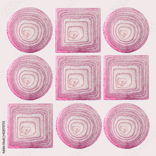 Vegetable pattern made of circle and square red onion slices on a pastel beige background. Minimal food transformation geometric art composition.