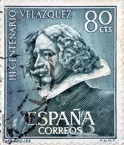 stamp printed in Spain shows Self-portrait of Velazquez photo