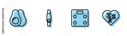 Set line Bathroom scales, Avocado fruit, Smartwatch and Sleepy icon. Vector