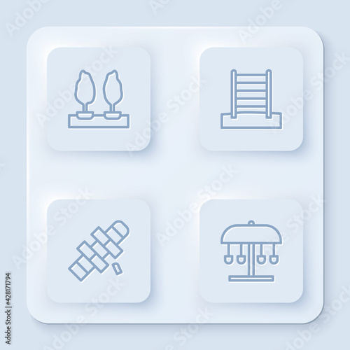 Set line Forest, Swedish wall, Hopscotch and Attraction carousel. White square button. Vector