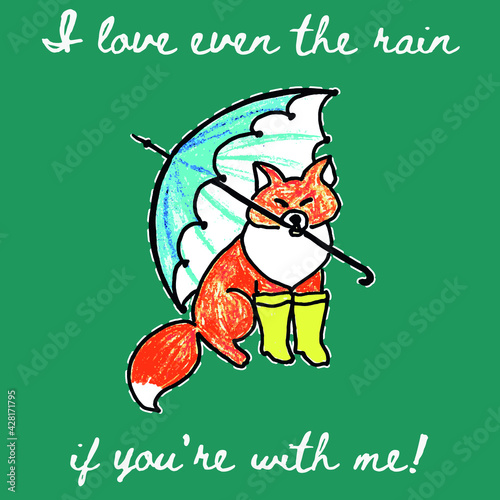 Postcard with a declaration of love with a fox and an umbrella.