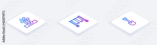 Set Isometric line Ferris wheel, Double swing and Shovel toy. White square button. Vector