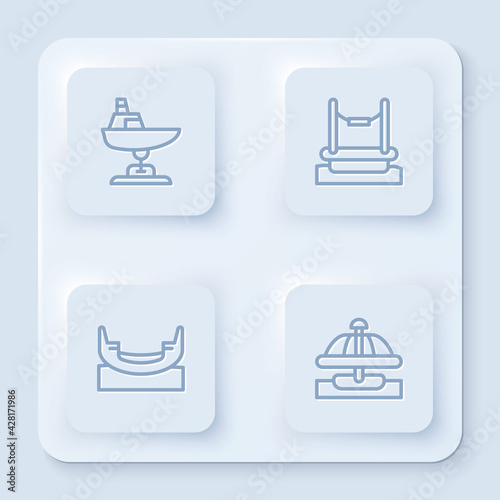 Set line Swing boat, Bungee, Boat swing and Attraction carousel. White square button. Vector