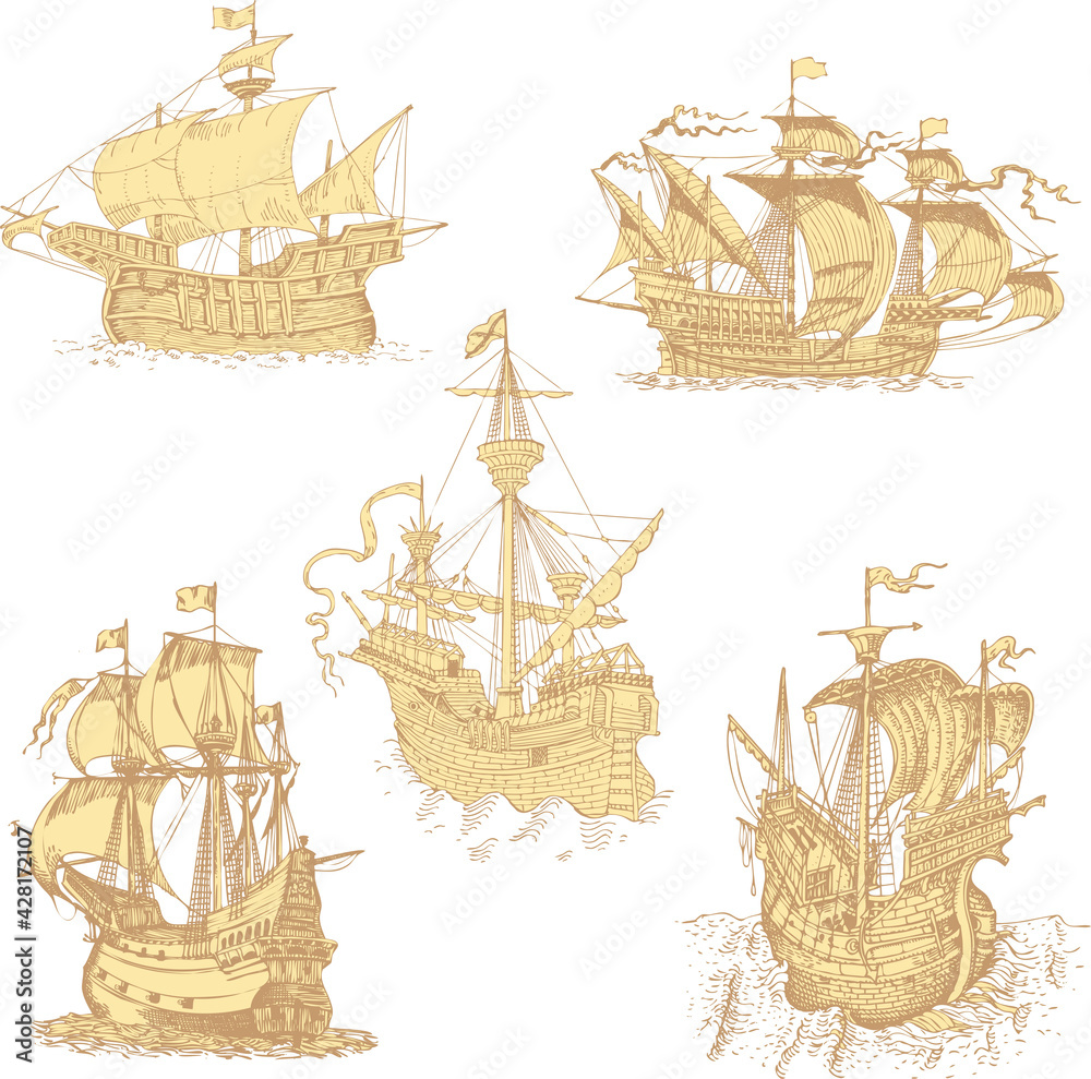 vector set of vintage ships in the style of medieval engraving - obrazy, fototapety, plakaty 