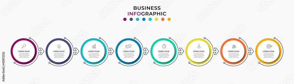 Vector Infographic circle label design business template with icons and 8 options or steps. Can be used for process diagram, presentations, workflow layout, banner, flow chart, info graph Vector Infographic circle label design business template with icons and 8 options or steps. Can be used for process diagram, presentations, workflow layout, banner, flow chart, info graph