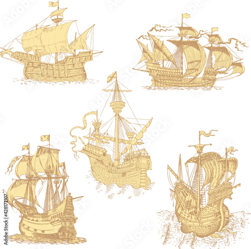 vector set of vintage ships in the style of medieval engraving