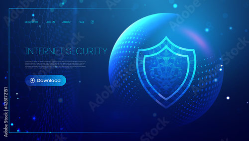 Internet security for computer, vpn safety cyber shield concept. Data security illustration protection shield. Privacy secure blue technology background.