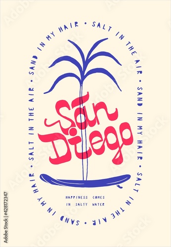 San Diego surfing vintage typography t-shirt print. Summer sports palm-tree on the surfboard American beach vector illustration.