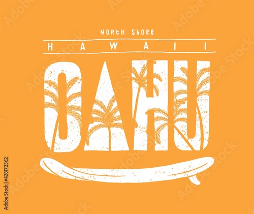 North Shore Oahu Hawaii surfing illustration vintage typography t-shirt print vector illustration.