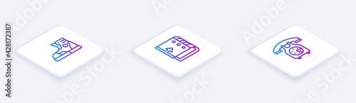 Set Isometric line Sport sneakers, Sound mixer controller and Telephone handset. White square button. Vector