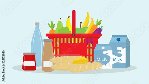 Shopping trolley and basket of food from grocery purchases. Paper bag and plastic of food like fruits, vegetable, bread, bottle of water in flat style vector illustration. Retail super market goods. 
