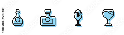 Set line Glass of beer, Bottle cognac or brandy, Alcohol drink Rum and Wine glass icon. Vector