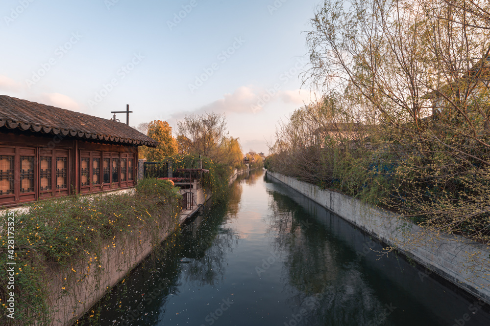 Sunset landscape of Suzhou ancient city wall park