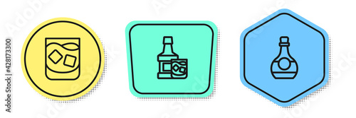 Set line Glass of whiskey, Whiskey bottle and glass and Bottle cognac or brandy. Colored shapes. Vector