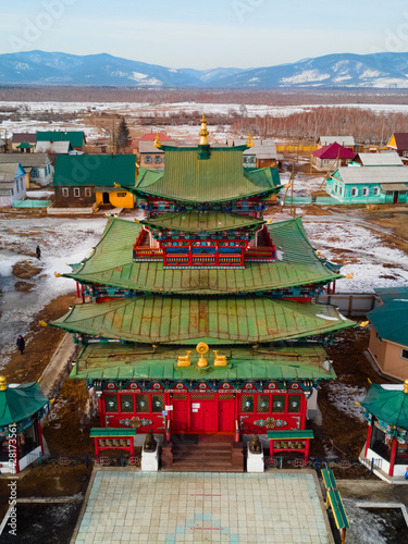 a view from a drone of a Buddhist temple located in the Republic of Buryatia. Ivolginsky datsan Siberia Russia. photo