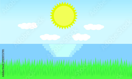 Sun above the sea with reflection on water nature summer landscape seascape ocean cartoon vector background wallpaper