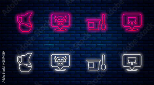 Set line Cow head, Yogurt container with spoon, Milk jug or pitcher and Udder. Glowing neon icon on brick wall. Vector