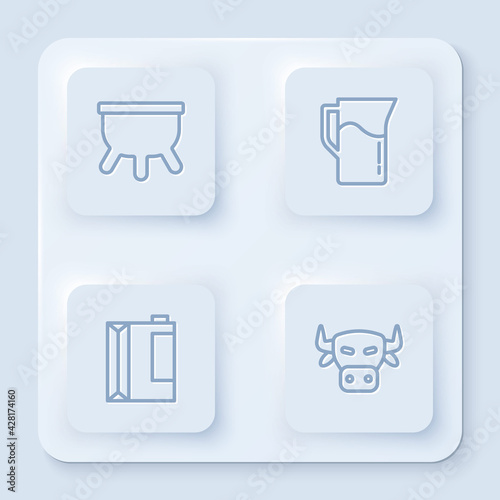 Set line Udder, Milk jug or pitcher, Paper package for kefir and Cow head. White square button. Vector