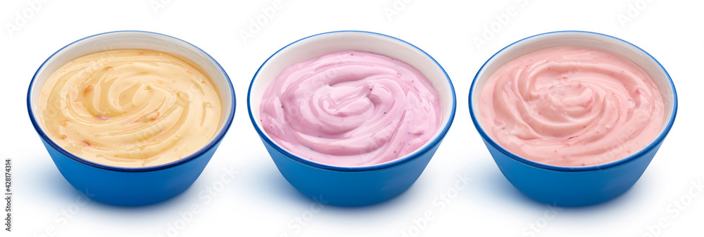 Yogurt collection in bowl isolated on white background - obrazy, fototapety, plakaty 