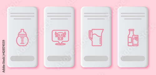 Set line Baby milk in a bottle, Cow head, Milk jug or pitcher and Bottle and glass. White rectangle button. Vector