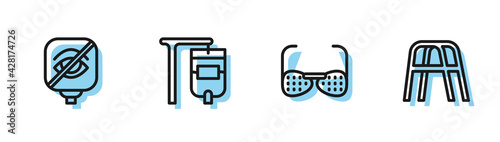 Set line Blind glasses, Blindness, IV bag and Walker icon. Vector