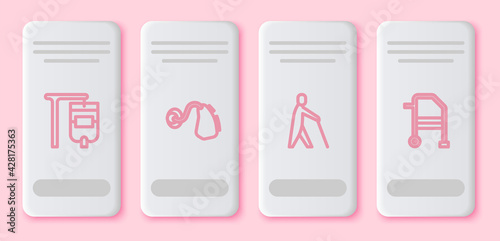 Set line IV bag, Hearing aid, Blind human holding stick and Walker. White rectangle button. Vector