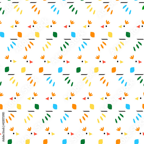 Abstract minimalist birds seamless vector pattern. Repeating animal background for kids. Blue red yellow green bird silhouettes sitting on rope. Surface pattern design for fabric, wallpaper, decor