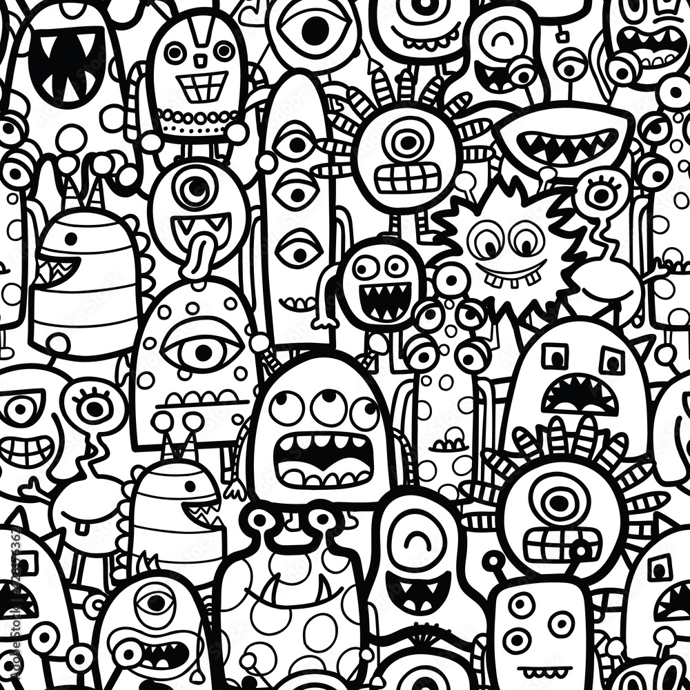 Funny monsters and aliens seamless vector pattern for coloring book. Black and white kids repeating background. Hand drawn line art illustration for fashion, fabric, wallpaper, childrens room decor.