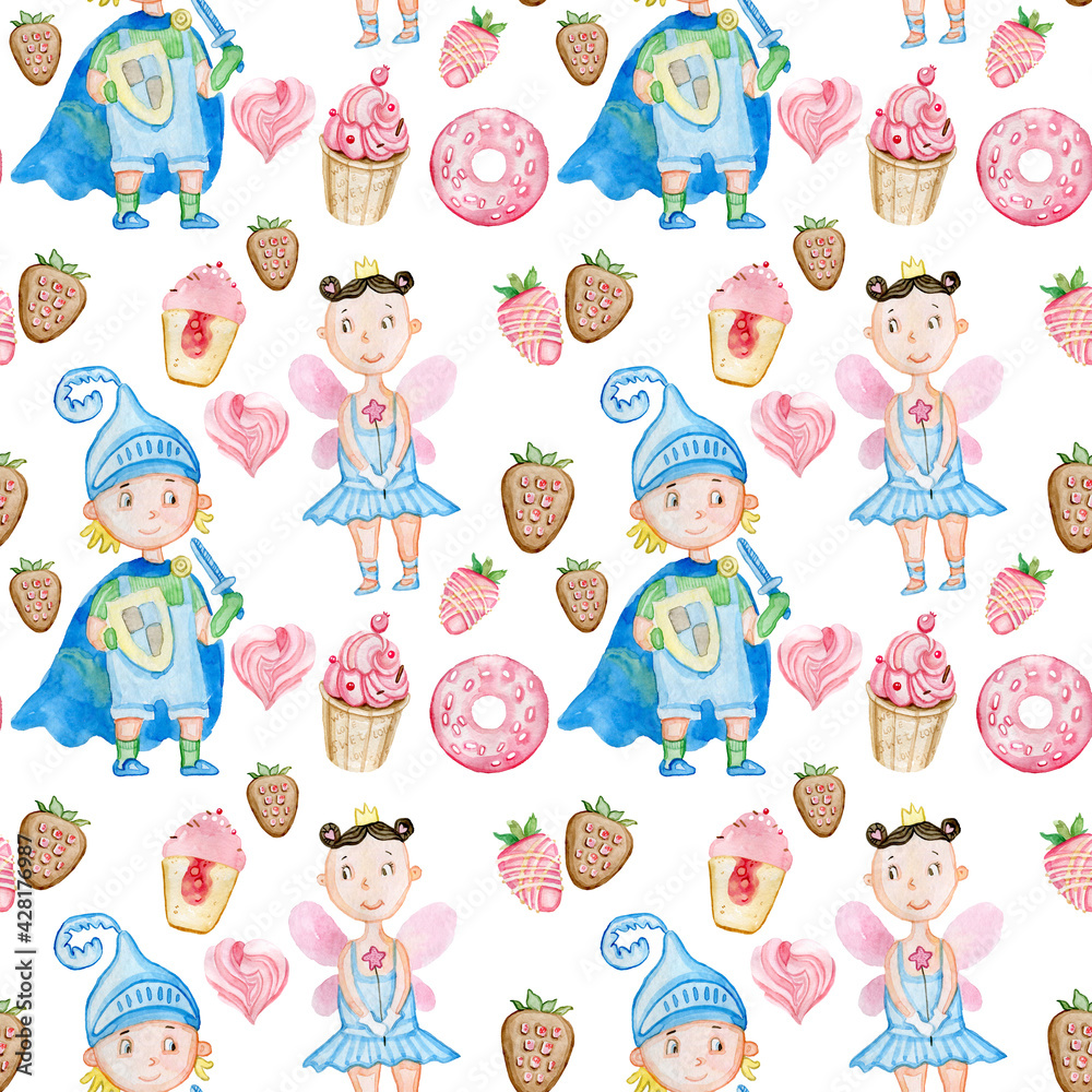 Watercolor cute fairy tale, fairy, knight and sweets Watercolor cute fairy tale, fairy, knight and sweets