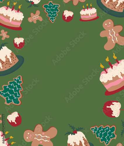 Rectangle frame with pudding, cake, caramel apple and gingerbread cookies on green. Winter holidays, sweet, for kids, treats, new year, Christmas market. Greeting card, banner
