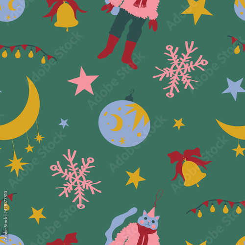 Vector seamless pattern with Christmas ornaments, moon, stars and snowflakes on green background. Cute cat, bell with ribbon and ball. Bright, festive, new year, for kids, Christmas tree