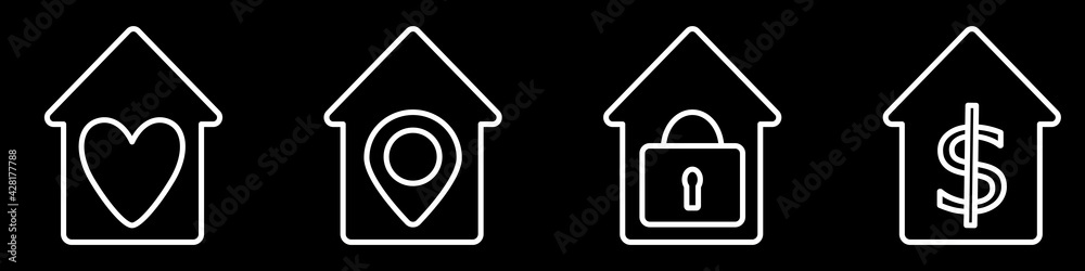 Icons set of black houses, different icons are placed inside. for business Icons set of black houses, different icons are placed inside. for business