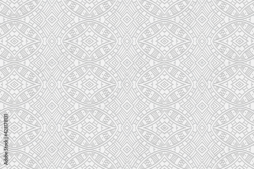 Geometric volumetric convex white background. Ethnic African, Mexican, Native American motives. Abstract handmade style. 3d relief decorative figured pattern for design decoration.