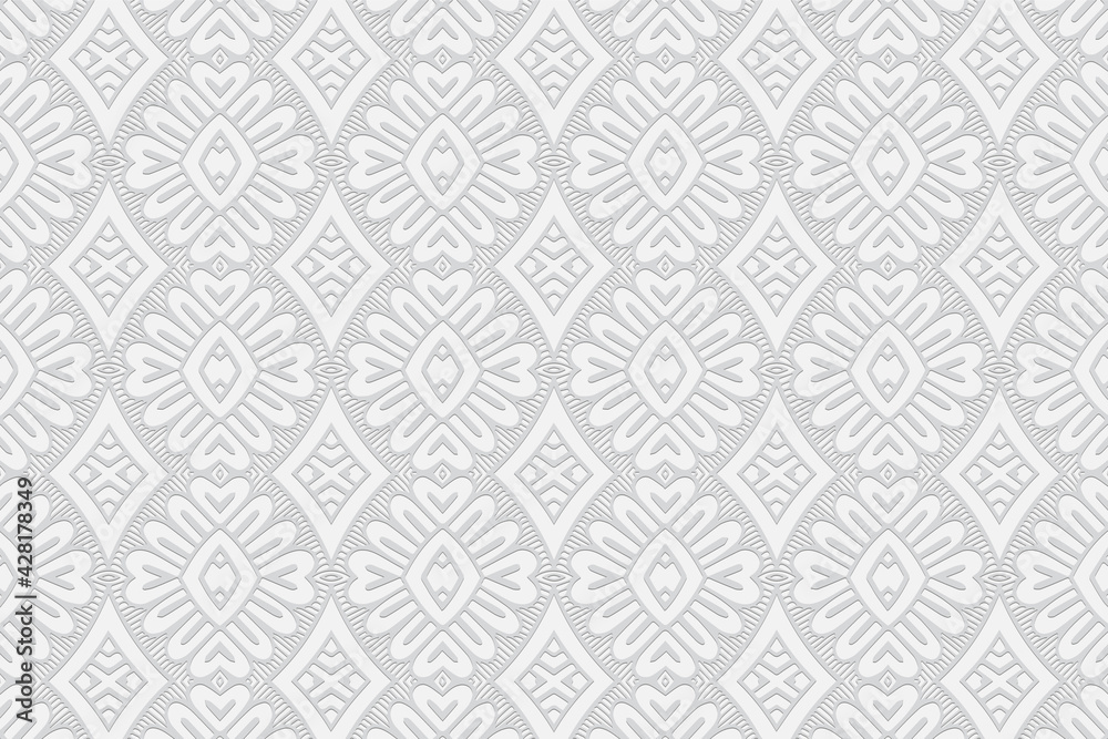 Geometric volumetric convex white background. Ethnic African, Mexican, Native American motives. Abstract handmade style. 3D embossed national figured pattern for design decoration.
