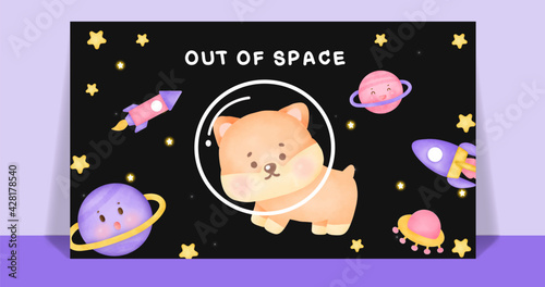 Watercolor cute corgi dog in the galaxy post card .
