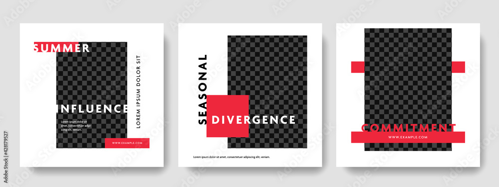 Modern red accent social media templates with place for photos, instagram and facebook square banners for advertising, clean and elegant business graphics Modern red accent social media templates with place for photos, instagram and facebook square banners for advertising, clean and elegant business graphics
