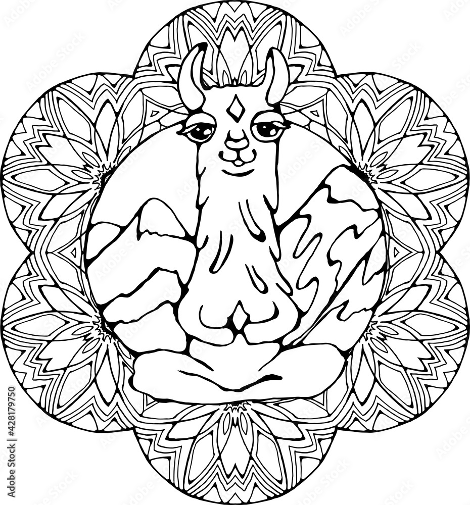 Meditating llama in the mountains. Love and gratitude. Mandala ornament. Meditating llama in the mountains. Love and gratitude. Mandala ornament.