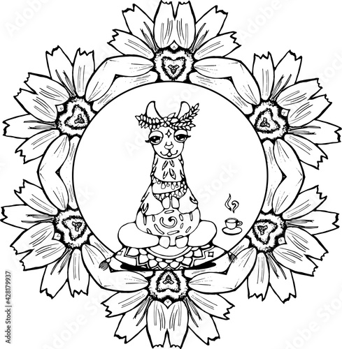 Llama with spiral meditates and drinks tea on a pillow with an ornament. Ornamental mandala.