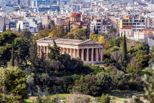 Athens, Attica, Greece. The Temple of Hephaestus or Hephaisteion (also Hephesteum) is an ancient greek temple located at the archaeological site of Agora of Athens in Theseion district under Acropolis