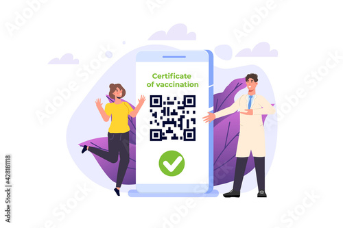 New normal, Vaccine mobile certificate or passport, QR code on application. Vector illustration.