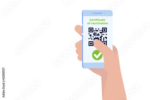 New normal, Vaccine mobile certificate or passport, QR code on application. Vector illustration.