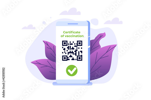 New normal, Vaccine mobile certificate or passport, QR code on application. Vector illustration.