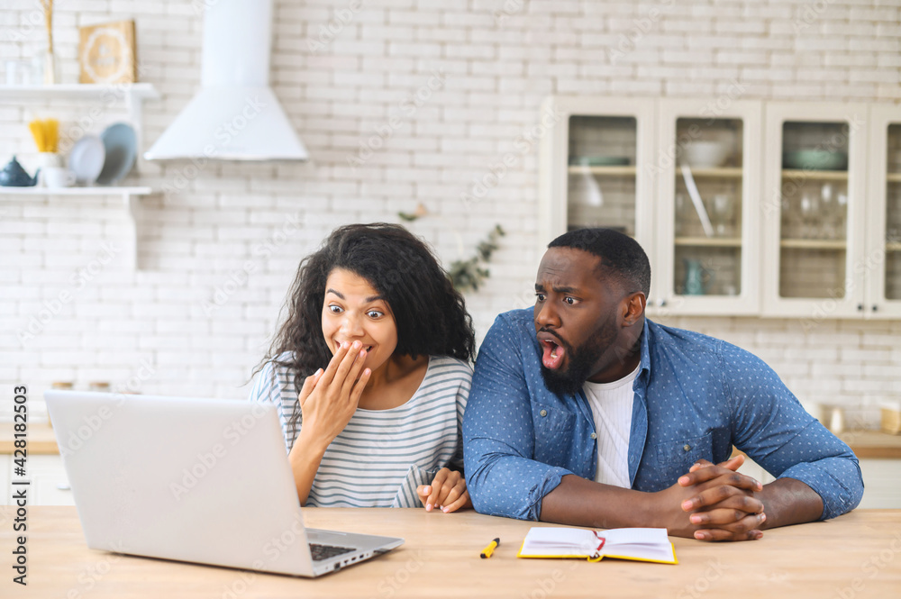 Overjoyed young multiracial family couple looking at the laptop monitor, feeling excited of getting online lottery win notification, reading unexpected news, feeling surprised together at home Overjoyed young multiracial family couple looking at the laptop monitor, feeling excited of getting online lottery win notification, reading unexpected news, feeling surprised together at home