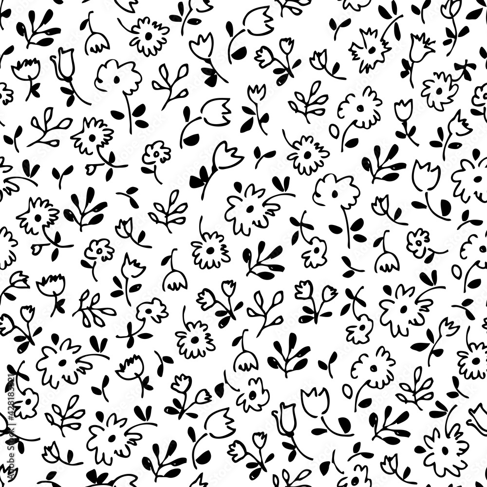 Small flowers seamless pattern, hand drawn floral background