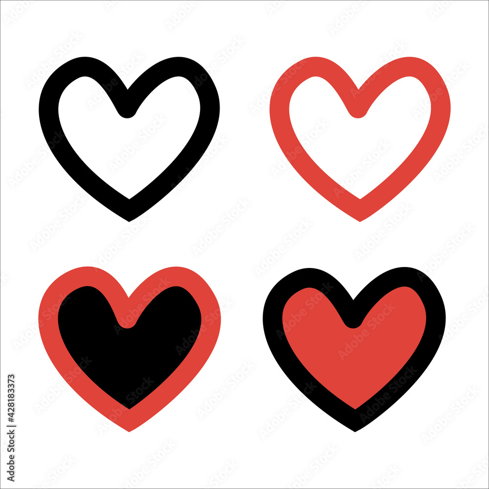 Vector hearts set. Hand drawn. black and red line